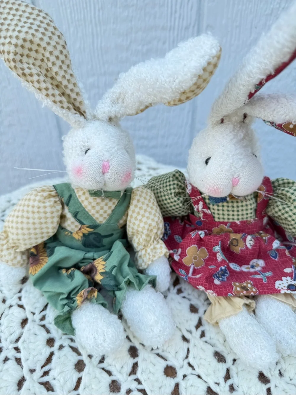 Handcrafted Plush Bunny Pair in Green and Red Dresses vintage